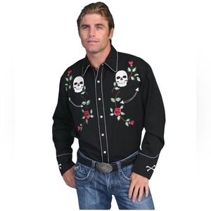 Scully Black Western Pearl Snap Shirt with Skull & Rose Embroidery size XL
